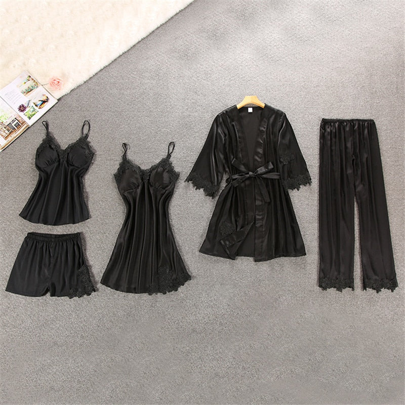 Women's Winter Silk Pajama 5 pcs Set