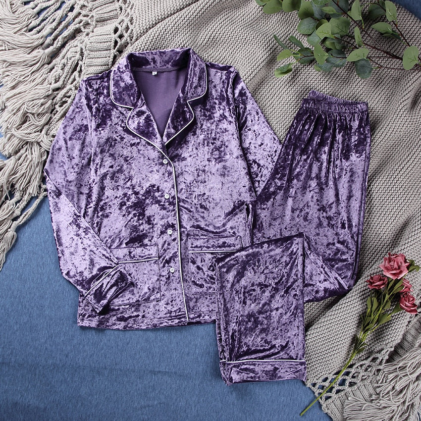 Long Sleeve Purple Velvet Pyjamas Sleepwear