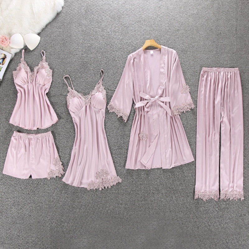 Women's Winter Silk Pajama 5 pcs Set