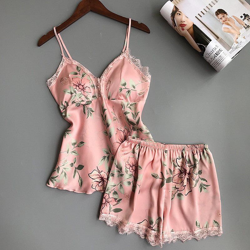 Women's Floral Printed Lace-Trim Pajama Set