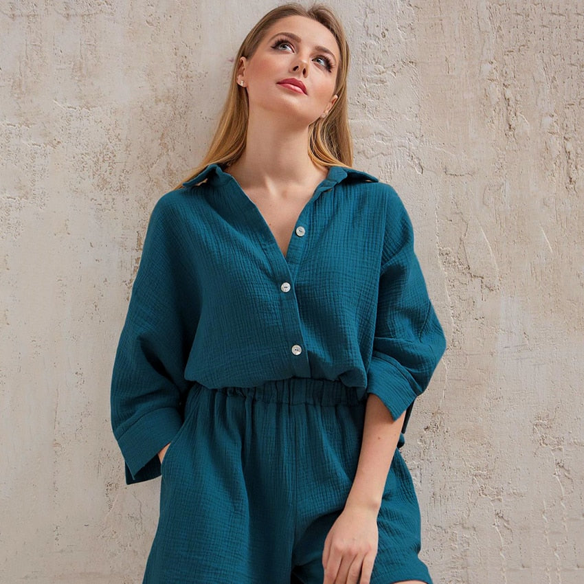 Women's Turn-Down Collar Nine Quarter Sleeve Sleepwear