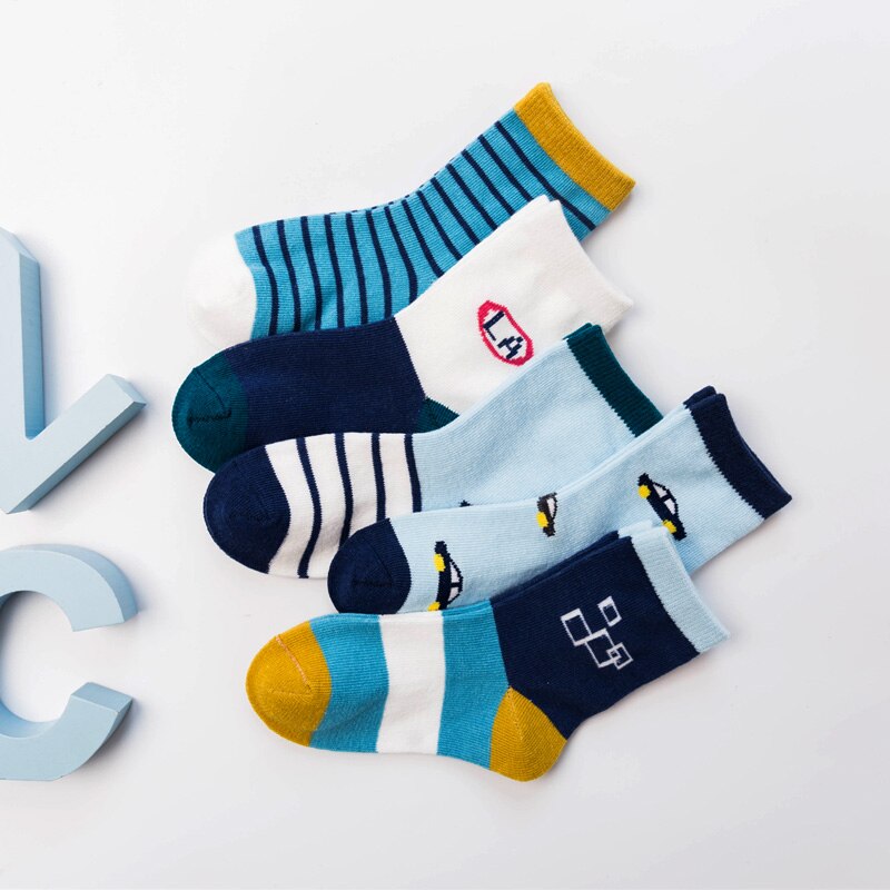 Baby Boy's Cartoon Car Print Socks 5 Pairs Set