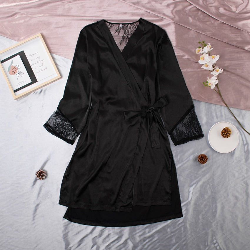 Black Long Sleeve Patchwork Lace Pyjamas Satin Robee