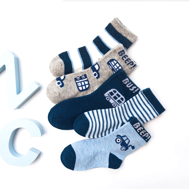 Baby Boy's Cartoon Car Print Socks 5 Pairs Set