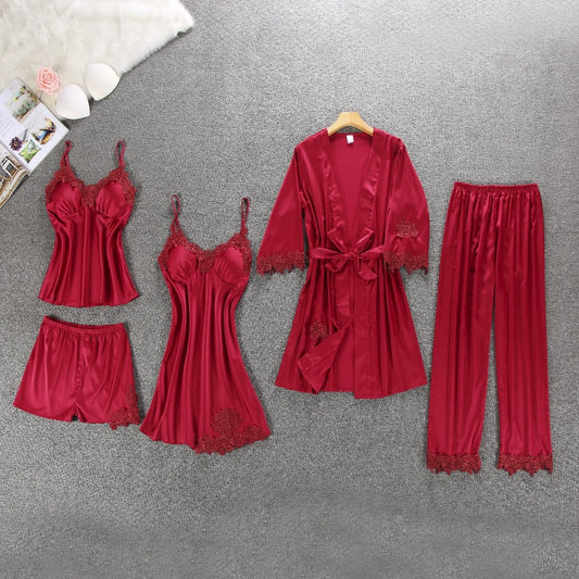 Women's Winter Silk Pajama 5 pcs Set