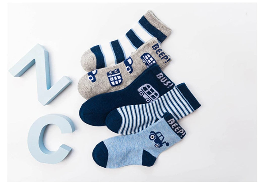 Baby Boy's Cartoon Car Print Socks 5 Pairs Set