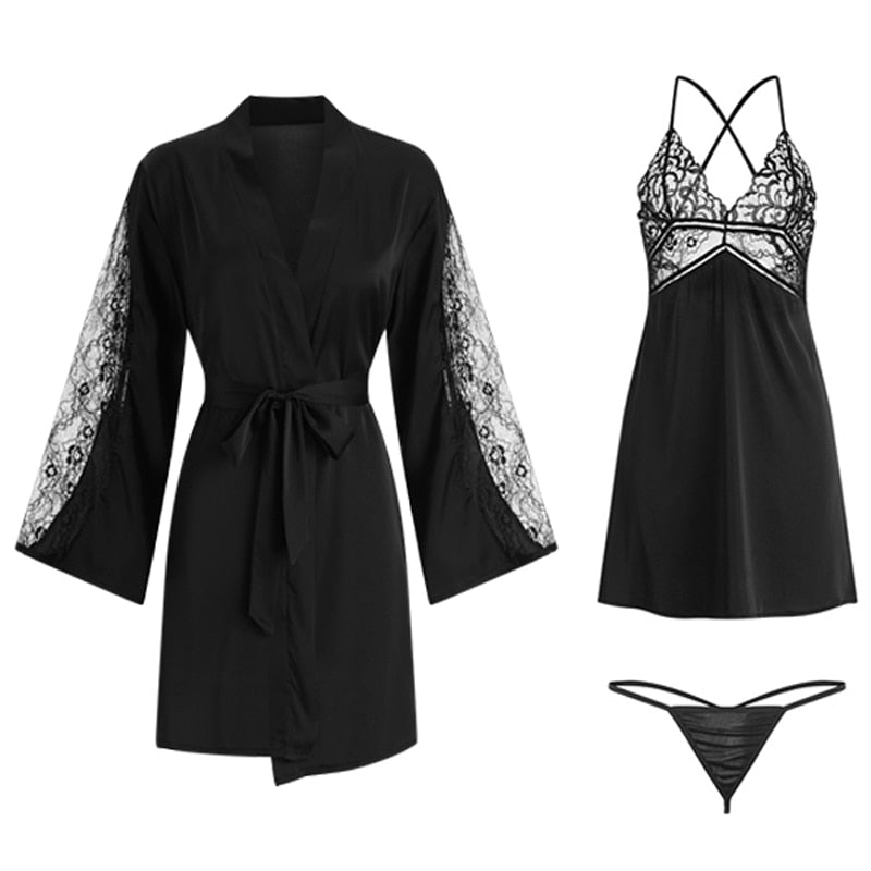 Women's Lace Bra Nightdress, Robe and Panties 3 Pcs Set